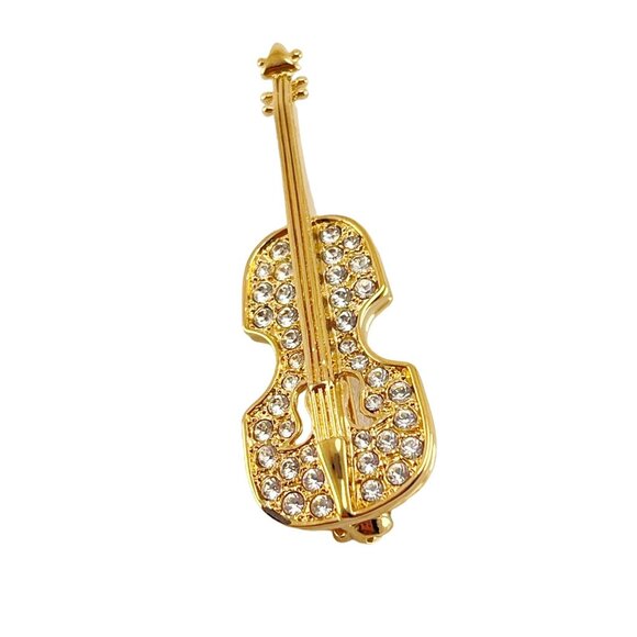 Violin Brooch Pin Gold Plated Clear Rhinestone, Gift for Musician - Picture 6 of 7